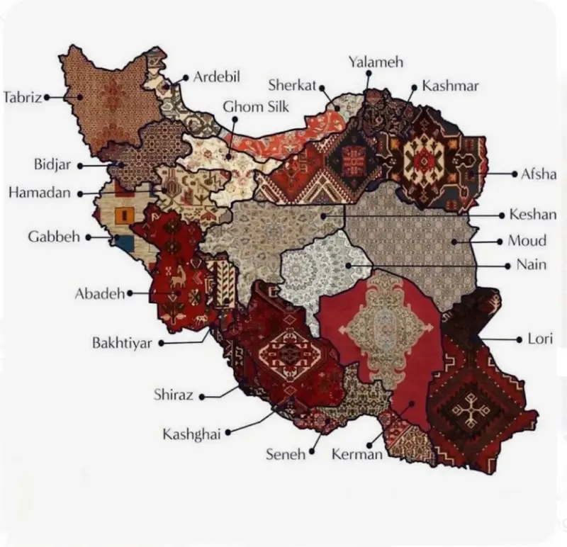 Carte des régions de production de tapis en Iran